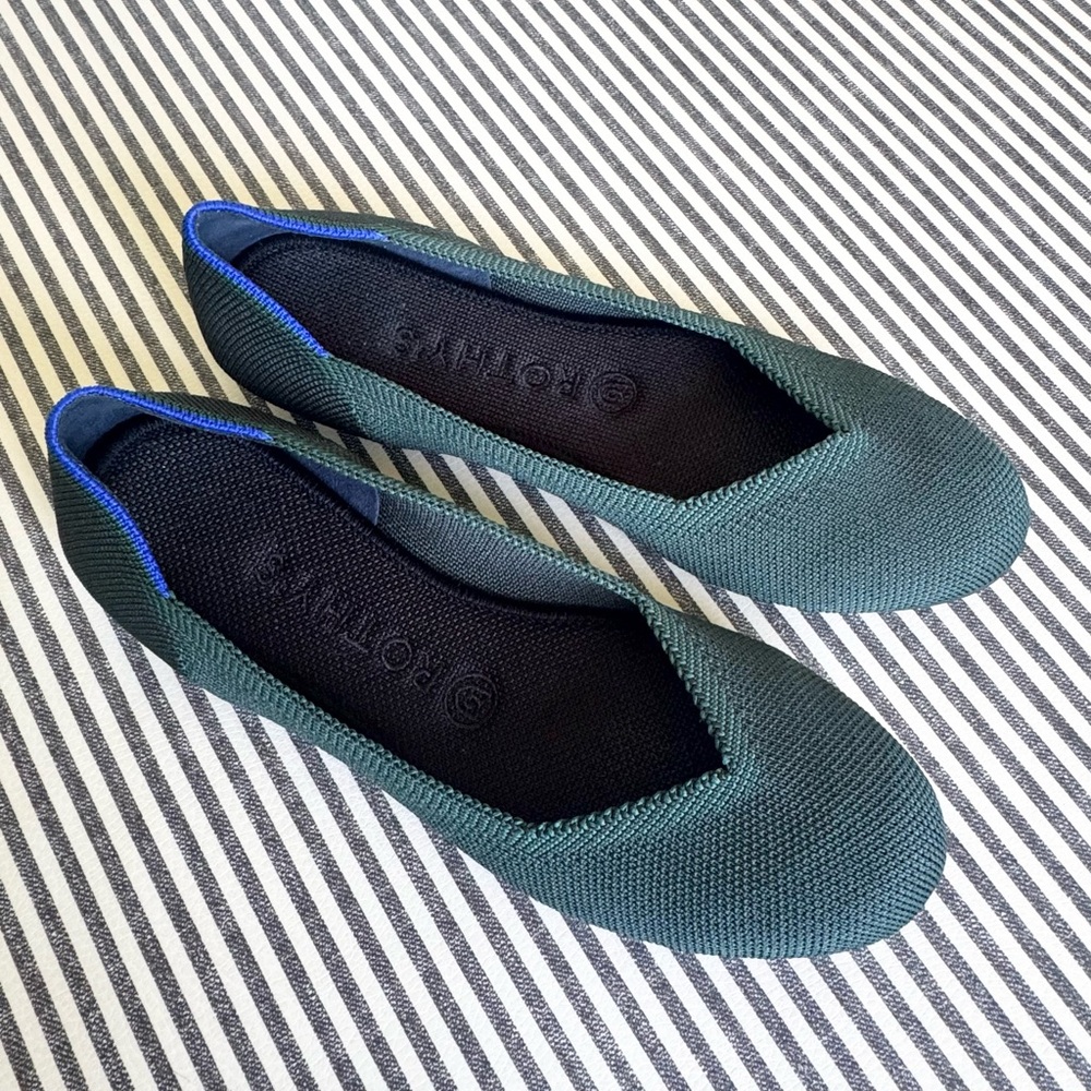 Rothy's Rare Retired Emerald Green Birdseye Ballet The Flat Round Toe Size 7.5